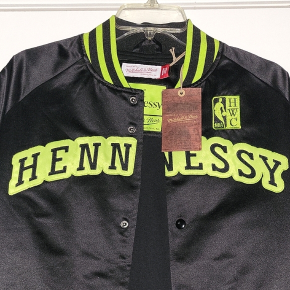 Mitchell & Ness Hennessy Black Varsity Jacket with Neon Green Accents - Picture 3 of 7